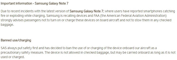 SAS advarer om brug og transport af Note 7. Telefonen må ikke tændes eller oplades om bord, og den må ikke anbringes i den indtjekkede bagage.