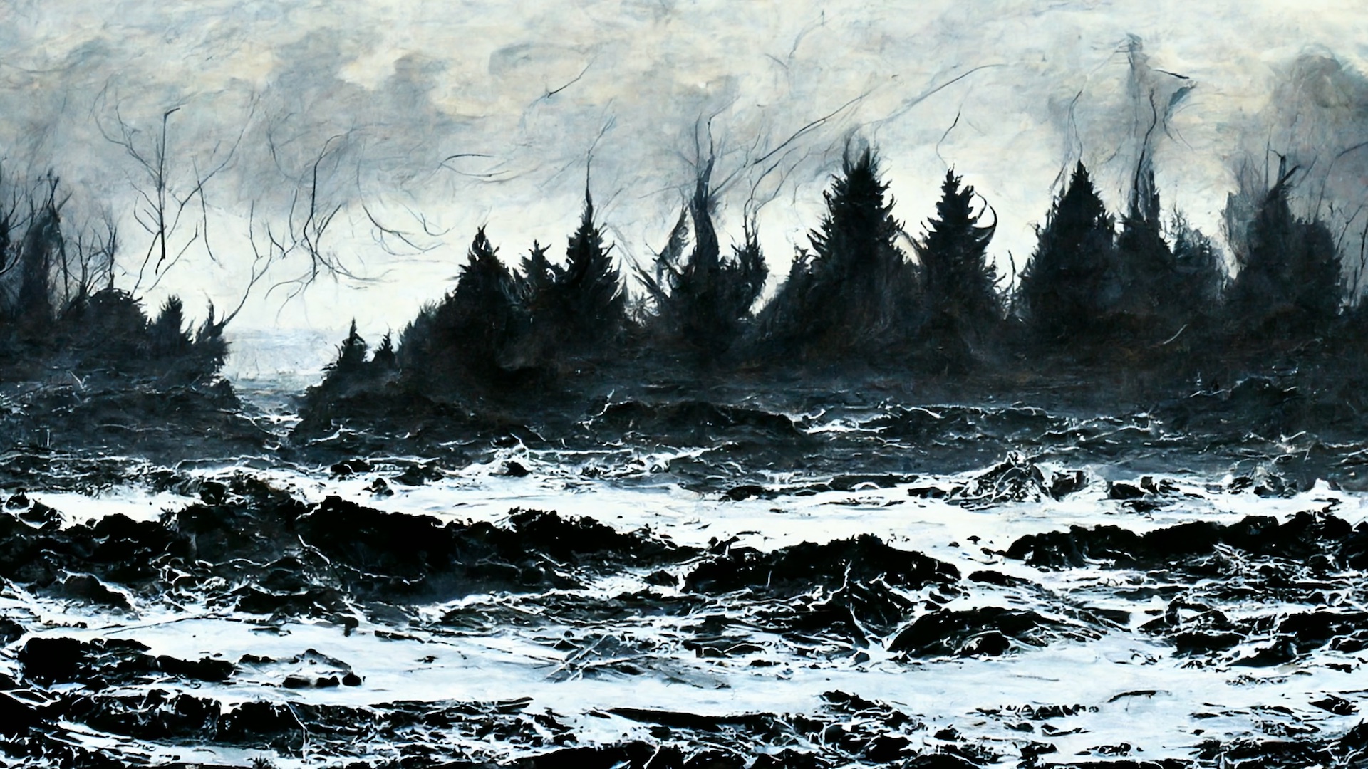 Shape of a dark forest raging sea in the foreground TOP