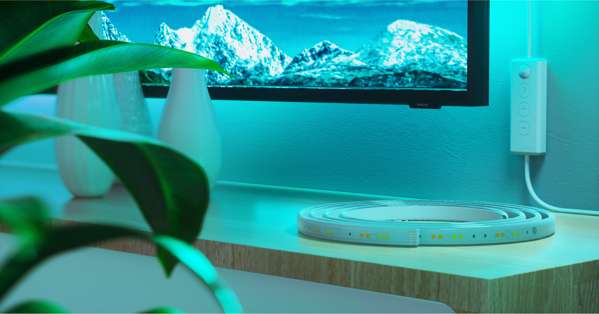 Essentials Lightstrips Living Room Close Up Greens