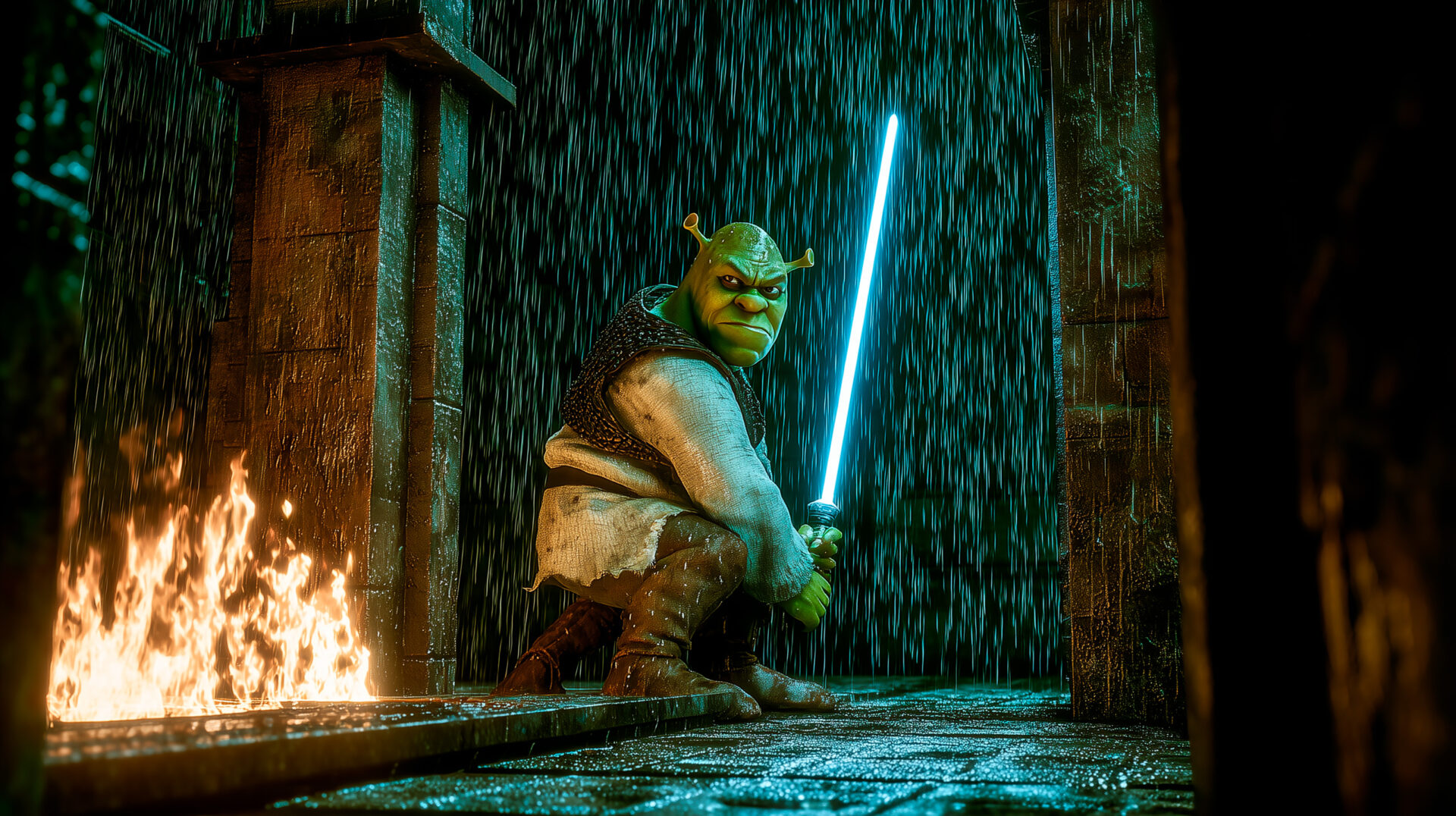 a green ogre with a lightsaber
