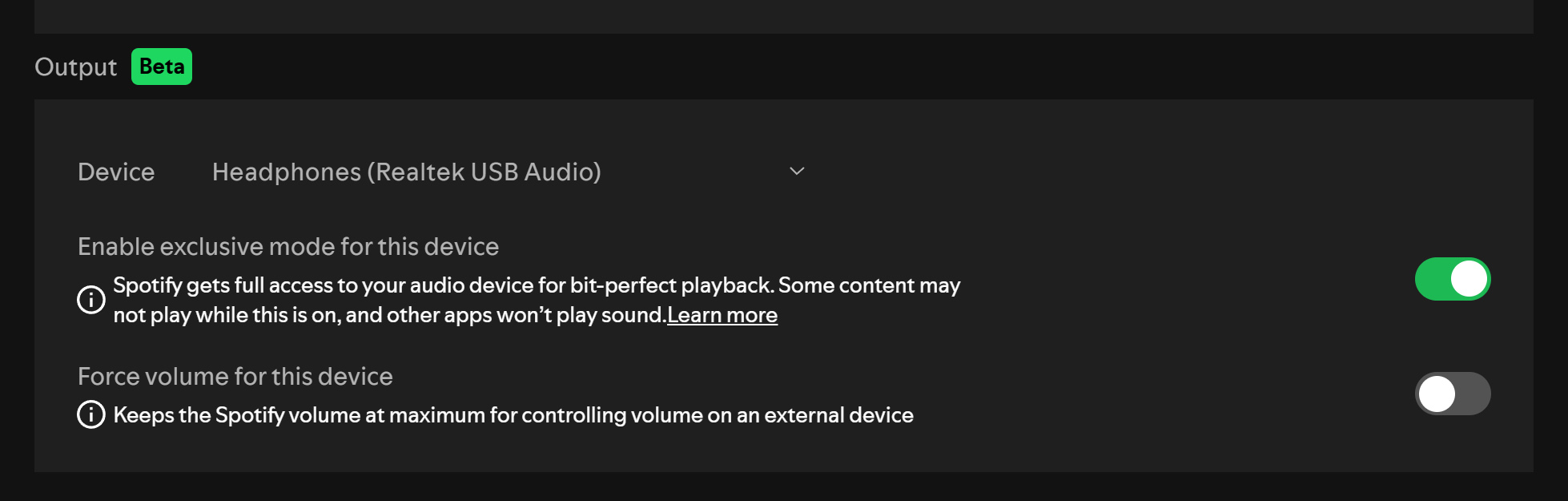 Spotify får lossless bit-perfekt lyd på Windows – Mac må vente 1 Spotify Exclusive Mode settings